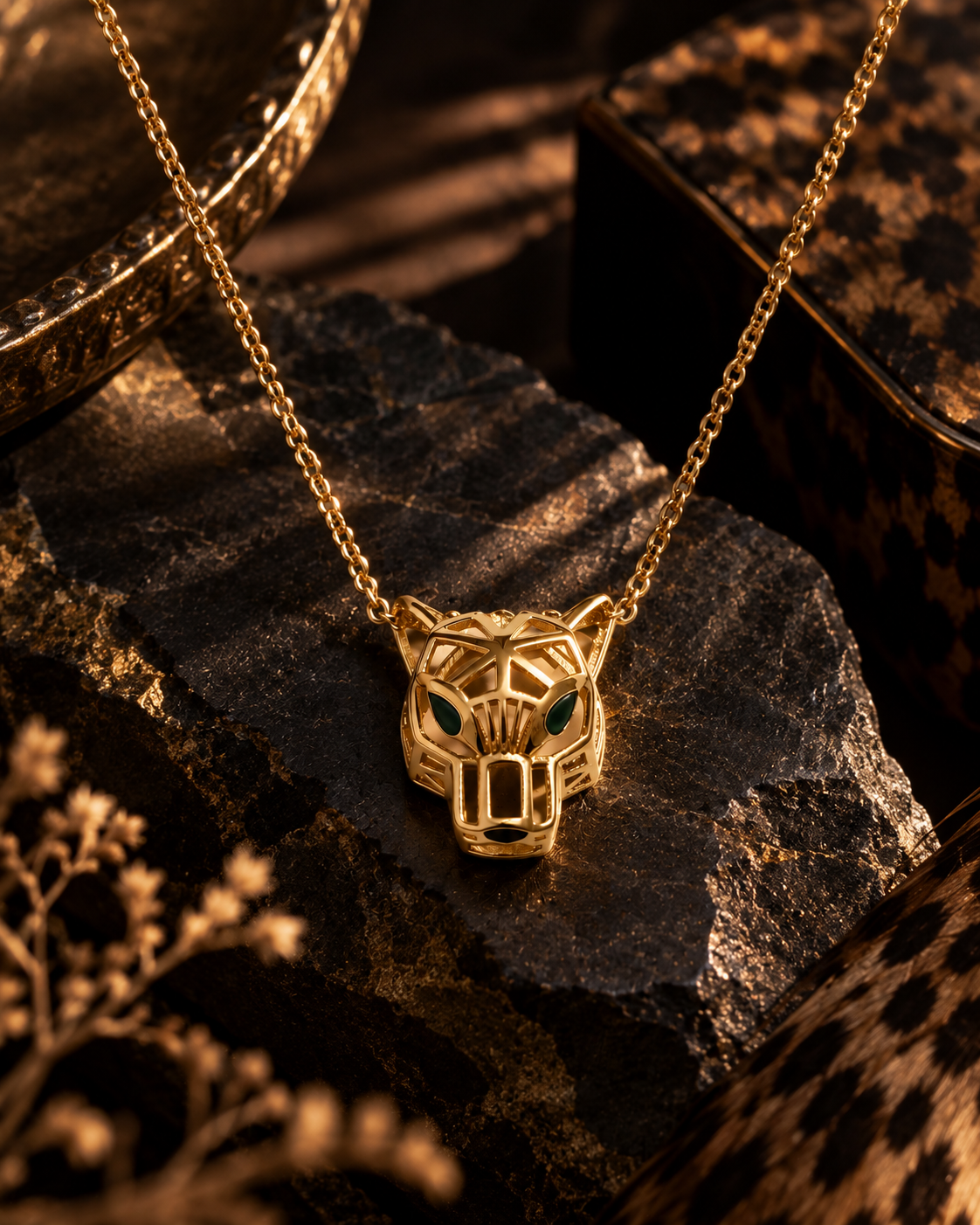 Collier Panthère Émeraude – Sur pierre noire dorée