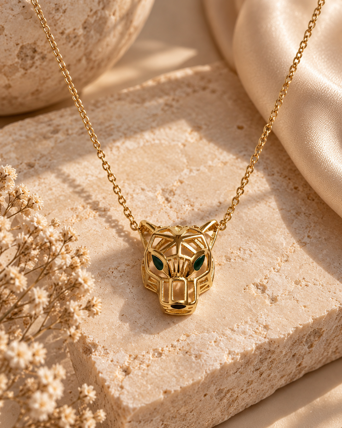 Collier Panthère Émeraude – Sur socle beige fleuri