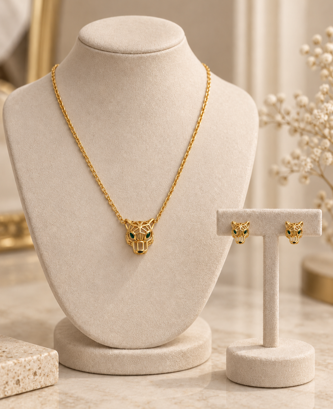 Ensemble Panthère Émeraude en plaqué or, collier et boucles d’oreilles assorties
