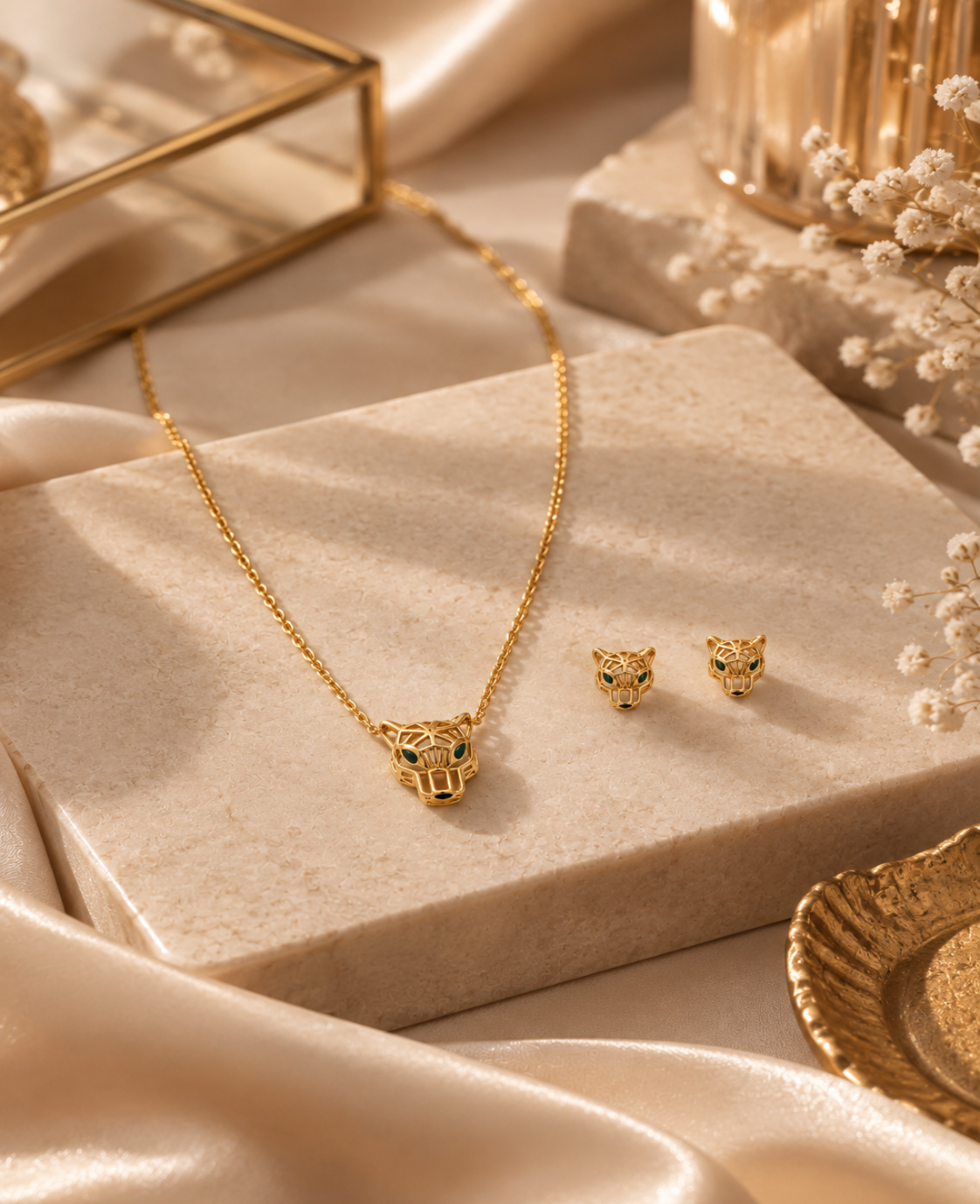 Collier et boucles d’oreilles Panthère Émeraude sur présentoir