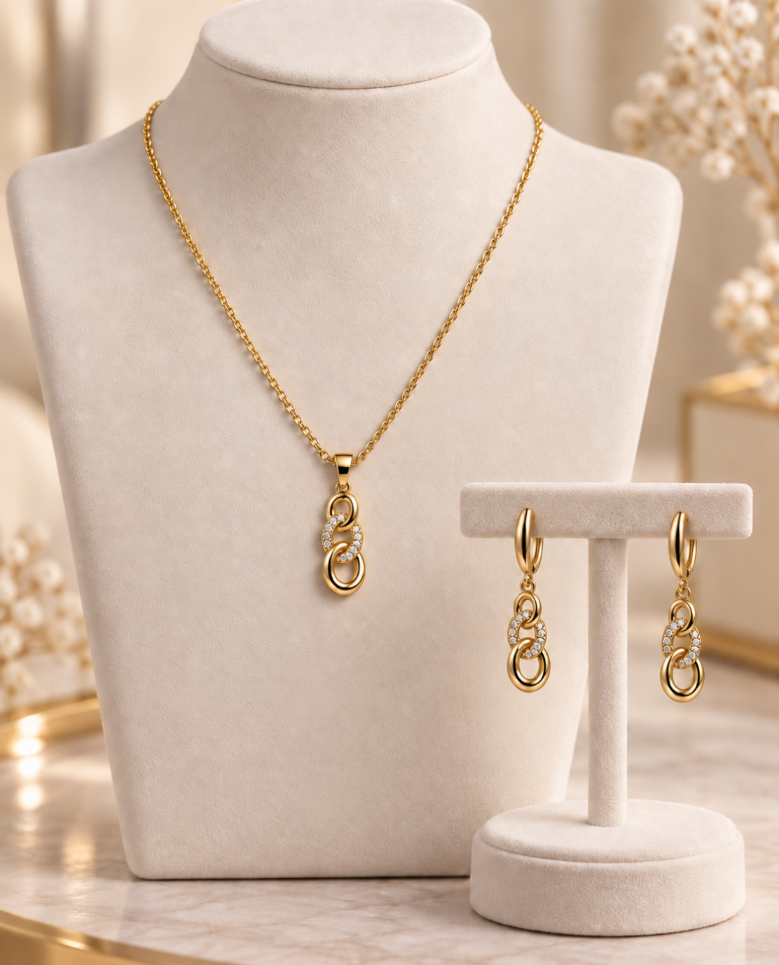 Modèle portant le collier et les boucles d’oreilles Ensemble Éternité Éclat
