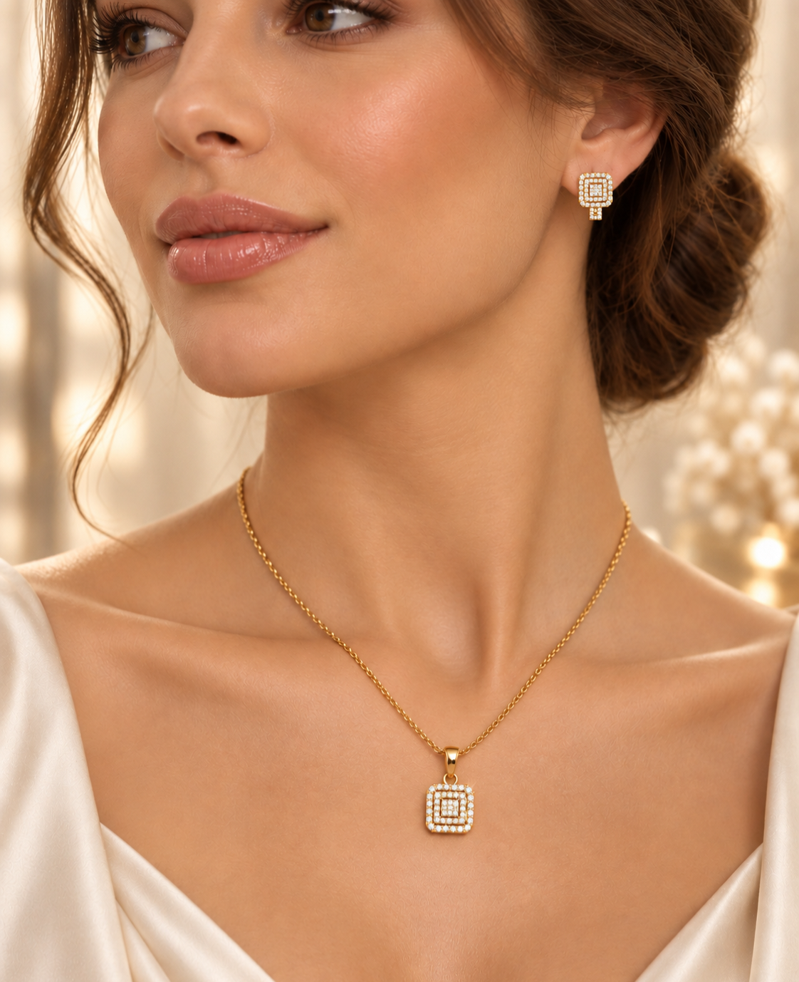 Collier et boucles d’oreilles Ensemble Halo Royal sur présentoir