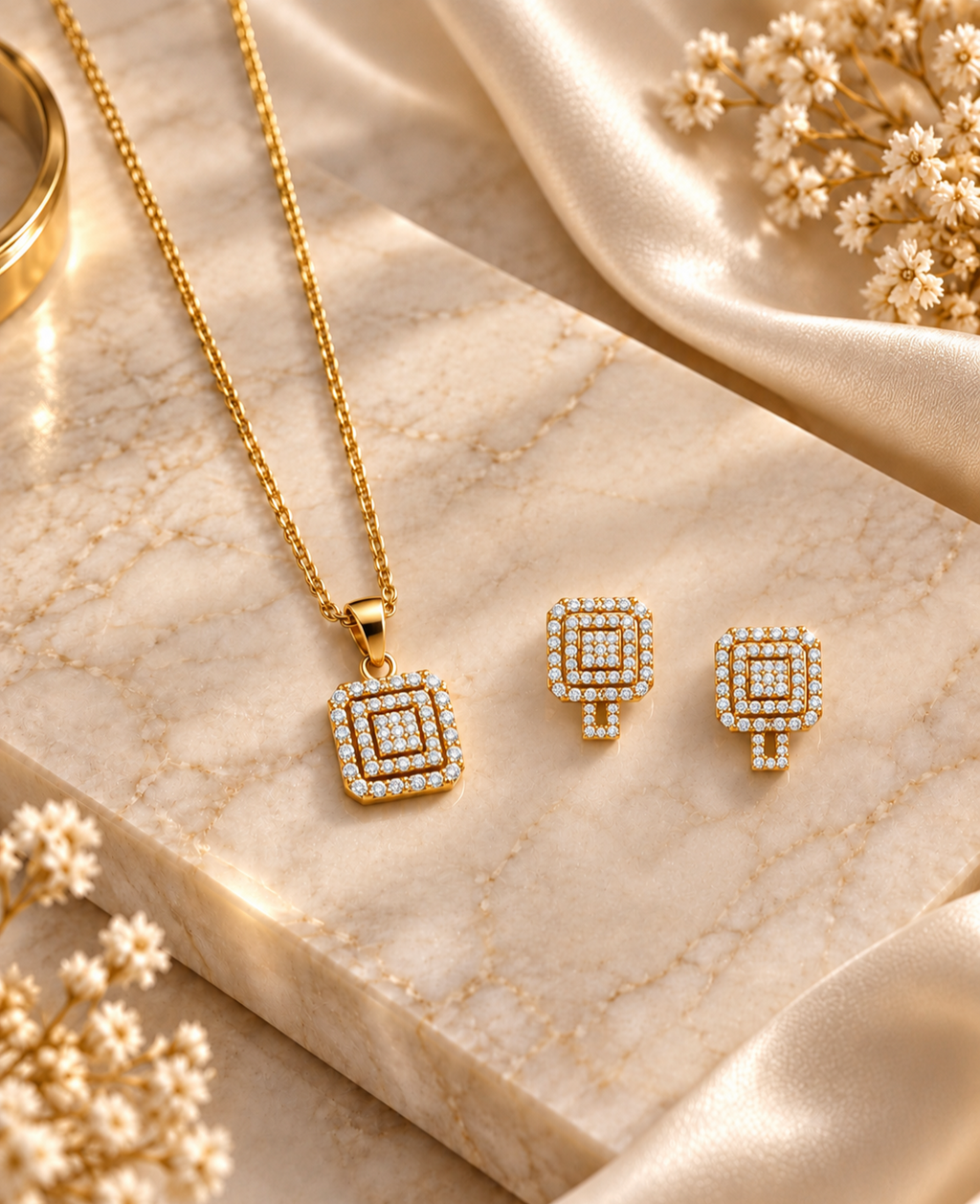 Ensemble Halo Royal en plaqué or avec collier et boucles d’oreilles assorties