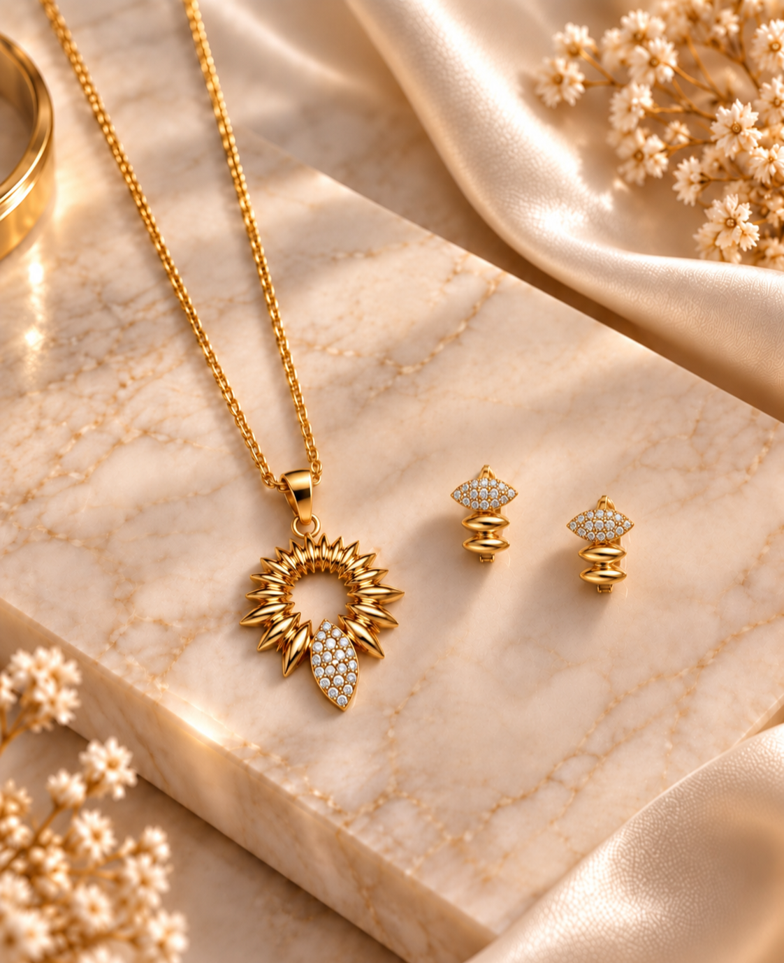 Modèle portant le collier et les boucles d’oreilles Ensemble Hélios Éclat