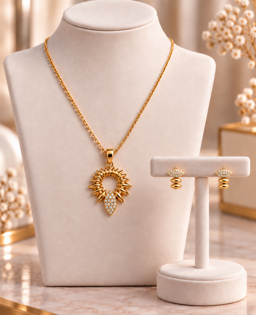 Ensemble Hélios Éclat en plaqué or avec collier et boucles d’oreilles assorties